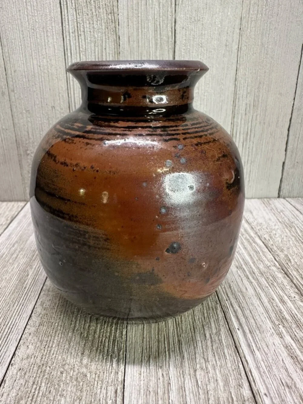 Vtg 4.5 inch Vase Stoneware Pottery Ceramic Dark Brown Galaxy Glaze MCM